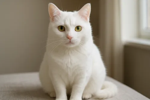 Gato blanco sentado con brillantes ojos verdes y pelaje esponjoso