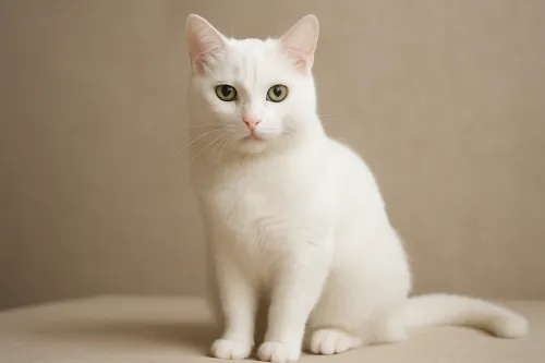 White cat with green eyes sitting on a smooth surface