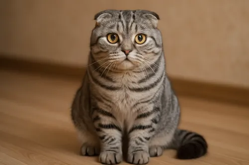 Gato escocés con pelaje rayado y ojos expresivos en un suelo de madera