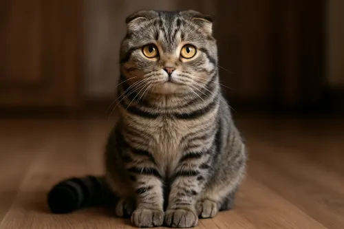 Gato escocés de apariencia adorable sentado sobre un suelo de madera