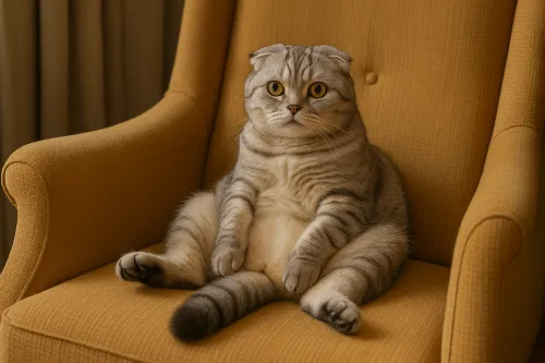 Gato gris de la raza Scottish Fold sentado en un sofá amarillo