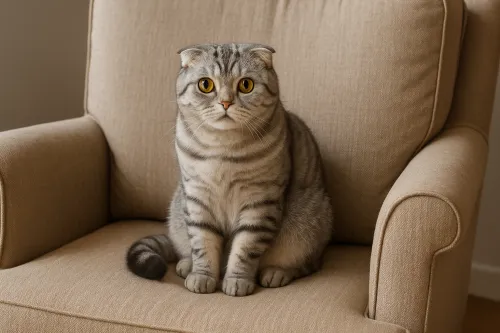Gato gris de la raza Scottish Fold sentado en un sillón