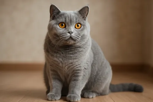 Gato británico gris con grandes ojos ámbar sobre un suelo de madera