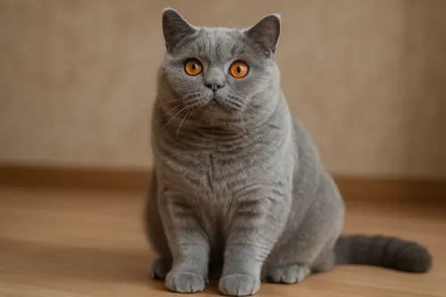 Gato gris con ojos naranjas brillantes sobre un suelo de madera