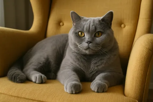 Gato gris con grandes ojos descansando en un sillón amarillo