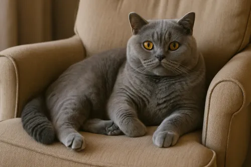 Gato británico gris cómodamente acomodado en un sillón beige