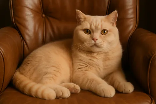 Gato gordito de color gris claro relajándose en un sillón de cuero natural