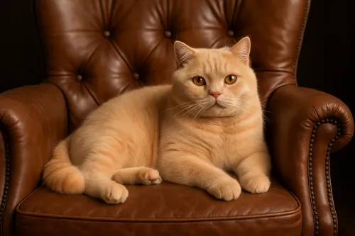 Gato esponjoso cómodamente ubicado en un sillón de cuero