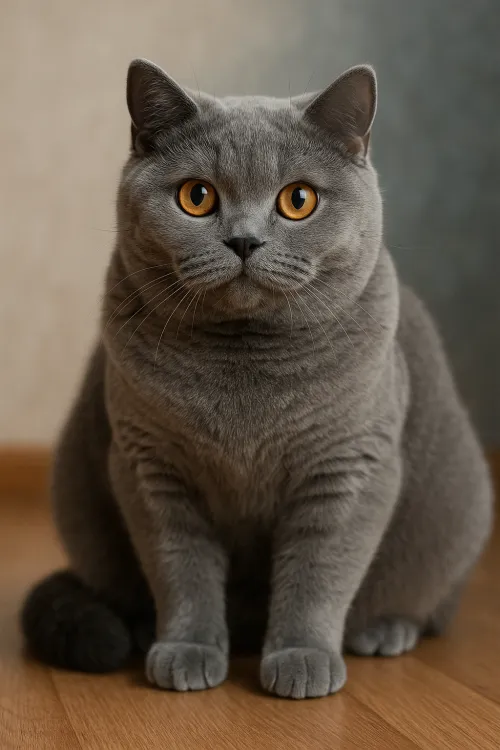 Retrato de un gato gris con brillantes ojos naranjas, sentado en el suelo