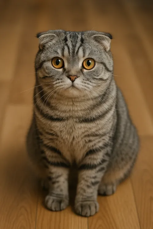 Gato gris con ojos grandes sentado en un suelo de madera