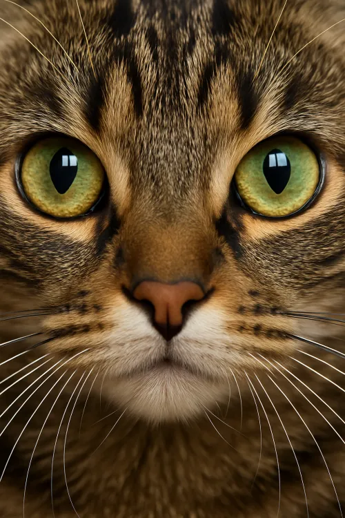 Primer plano de la cara de un gato con ojos verdes expresivos y bigotes