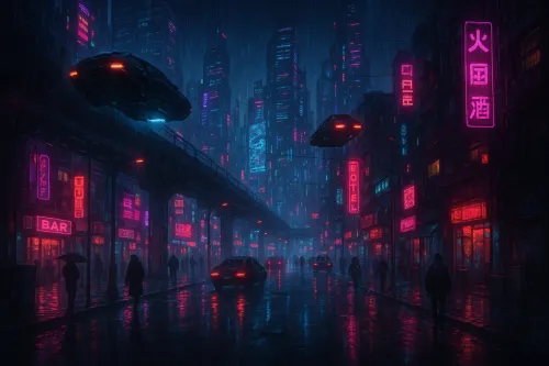 Picturesque night cyberpunk city with neon lights and rain