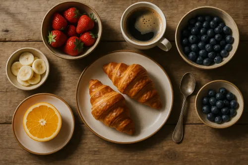 Desayuno matutino con croissants, plátanos y bayas sobre una mesa de madera