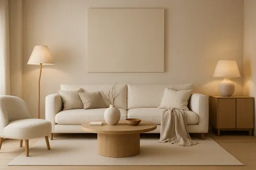 Acogedora sala de estar con sofá blanco y muebles de madera.