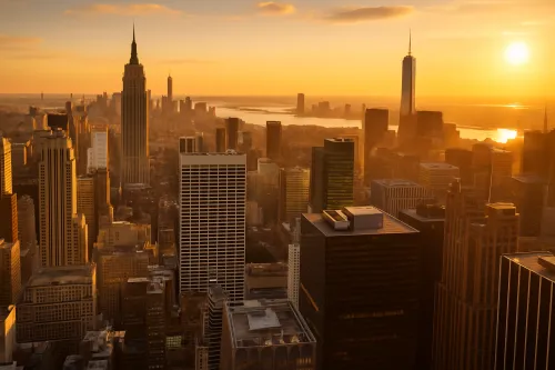 Manhattan from above against the backdrop of sunset, showcasing urban architecture