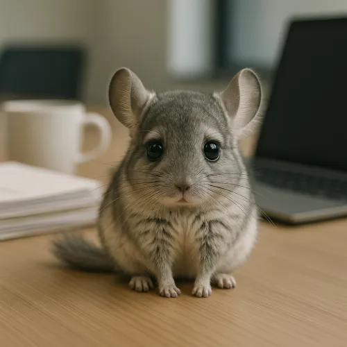 La chinchilla está sentada en la mesa junto a una taza y una laptop