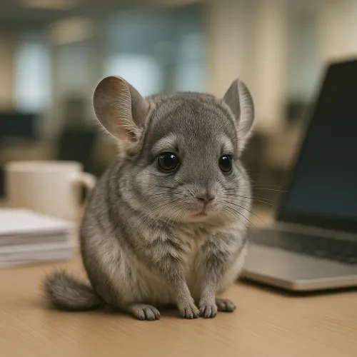 Chinchilla de grandes ojos sentada en la mesa de la oficina