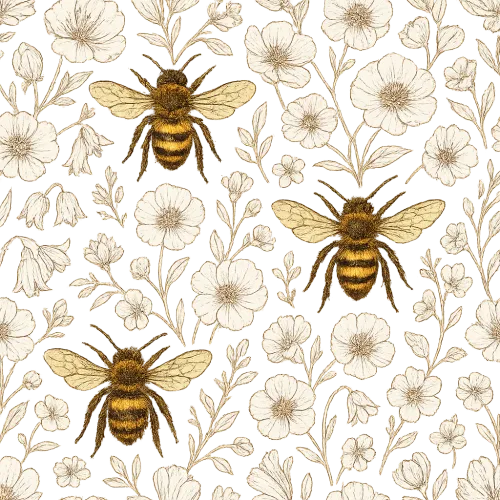 Illustration with bees and flowers on a dark background