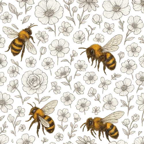 Ilustración con abejas y diversas flores sobre un fondo negro