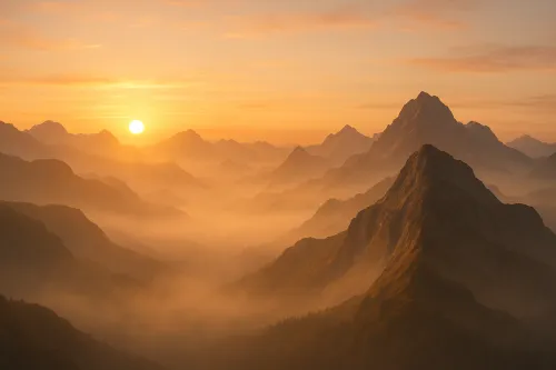 Landscape with mountains and sunrise against a foggy background