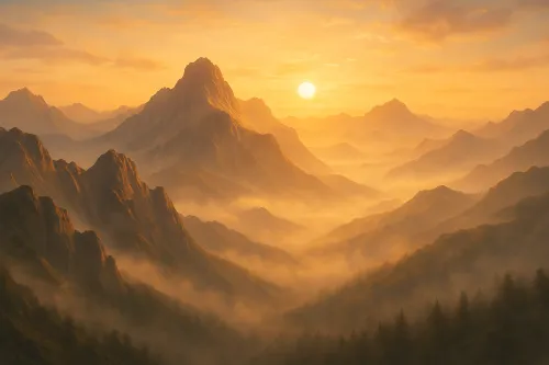Warm hues of sunrise over majestic mountains and valleys