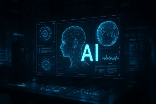 Graphic representation of an interface with AI, sensitive data, and a world map