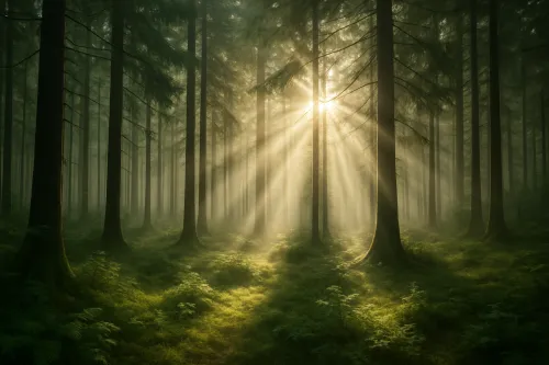 Mysterious forest with penetrating sunlight and mist