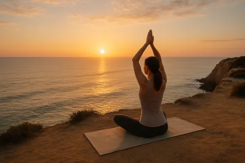 A woman practicing yoga by the sea during sunset