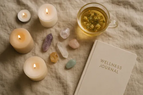 Table with Candles, Crystals, and a Healing Journal