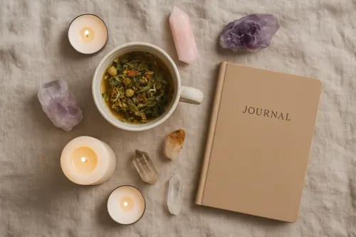 Taza de té, libros y cristales sobre un fondo claro