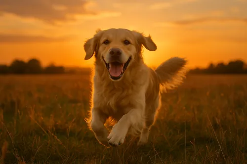 Golden Retriever corre por el campo contra un brillante atardecer