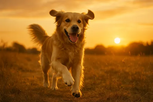 El retriever dorado corre por el campo al atardecer