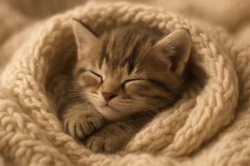 Gatito con los ojos cerrados acurrucado en una manta cálida