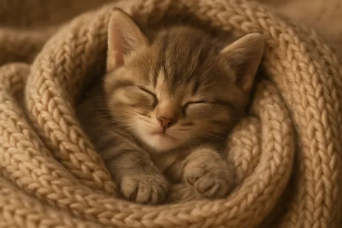 Gatito envuelto en una suave manta de punto claro, durmiendo plácidamente