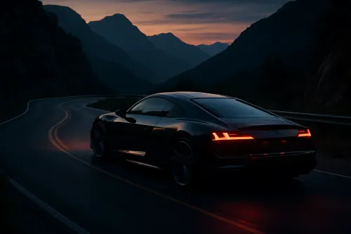 Modern sports car on a winding road in the mountains at sunset
