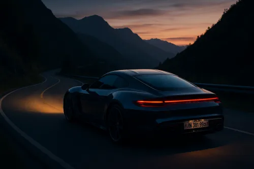 Silhouette de un coche deportivo en una carretera serpenteante entre montañas al atardecer