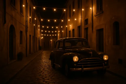 Coche antiguo en un oscuro callejón iluminado por faroles brillantes