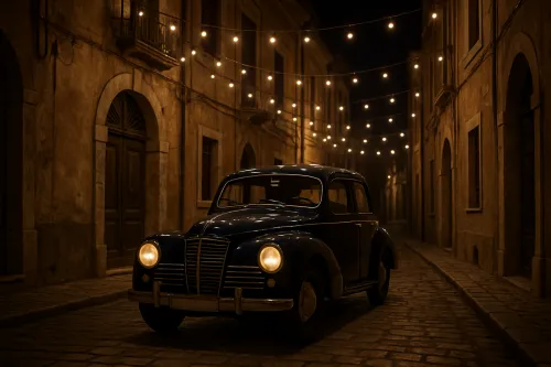Coche retro negro en una calle con luces por la noche