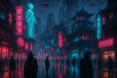 Mysterious night landscape with neon lights and people in cloaks