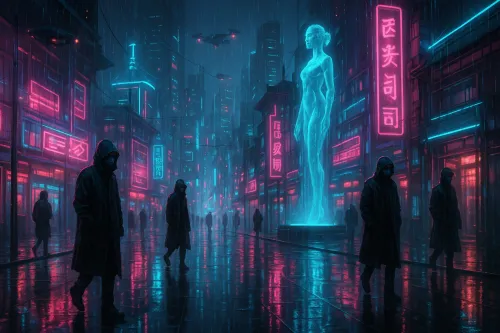 Harsh neon city, reflections, hooded figures and a statue