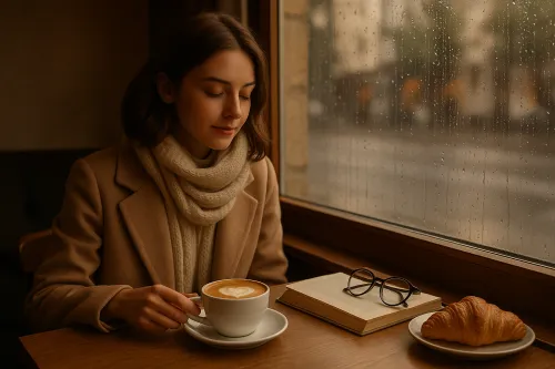 A woman drinking coffee by the window, with a book and a croissant nearby