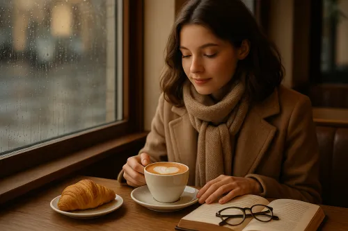 Una joven disfrutando de café en una cafetería en un día lluvioso