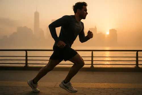 A man running along the waterfront at dawn in a metropolis