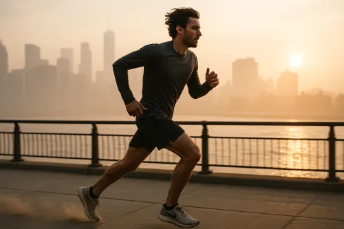 Athlete in running gear against an urban backdrop
