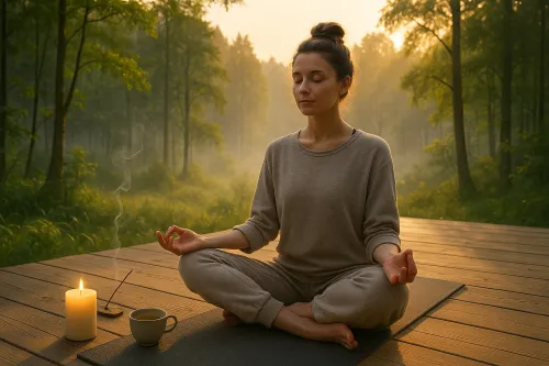 A woman sitting in a lotus position on a wooden platform in the forest