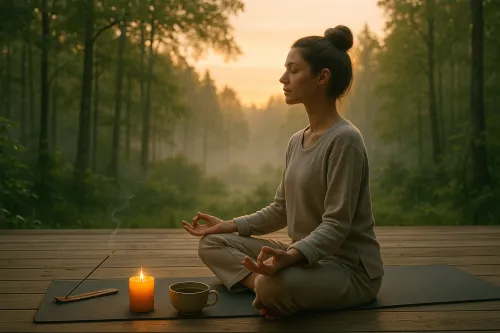 Mujer meditando en una terraza de madera en el bosque al atardecer