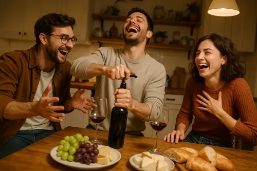 Tres amigos riendo, disfrutando de vino y aperitivos
