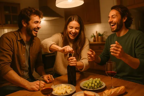 Un grupo de amigos se divierte alrededor de la mesa con vino y bocados