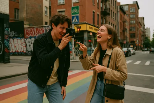Dos personas riendo y fotografiándose mutuamente en la calle
