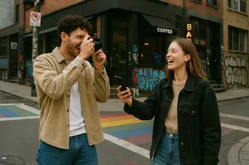 Chico con cámara y chica con teléfono en una calle colorida